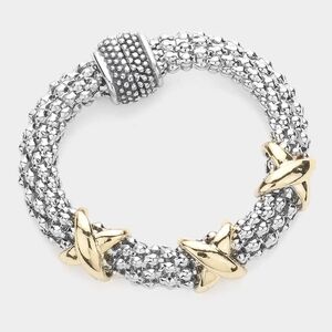Two Tone Magnetic Bracelet Triple CrissCross X Bold Silver Gold Metal Mesh